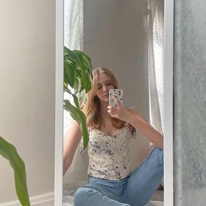 ASTR The Label Cream Shoulder Tie Dress Top with Blue and Brown Floral Print